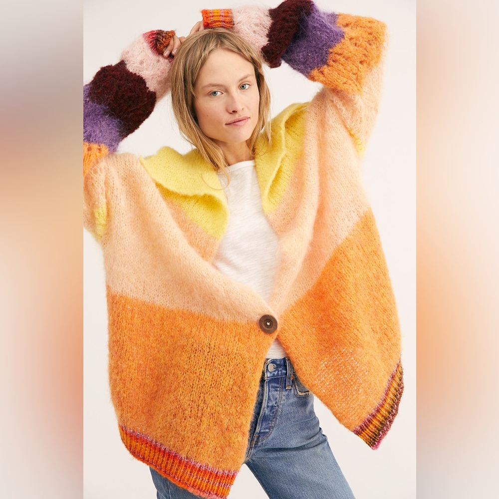 Free People Rainbow Daydream Tunic Cardi Sunset Mohair Alpaca Wool Cardigan XS/S